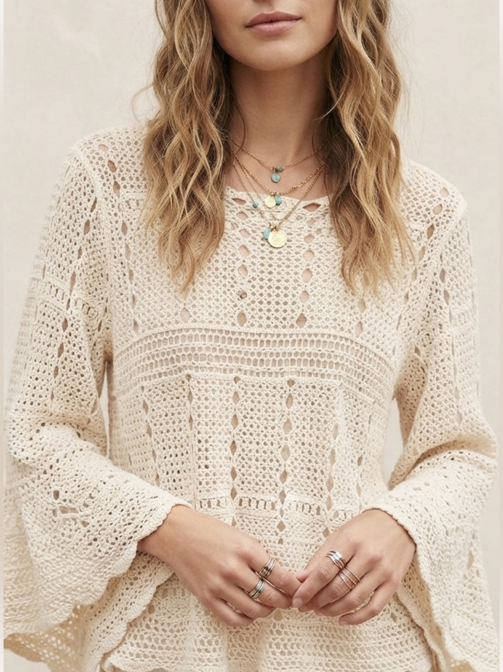 POL Crochet Lace Bell Sleeve Top Size One